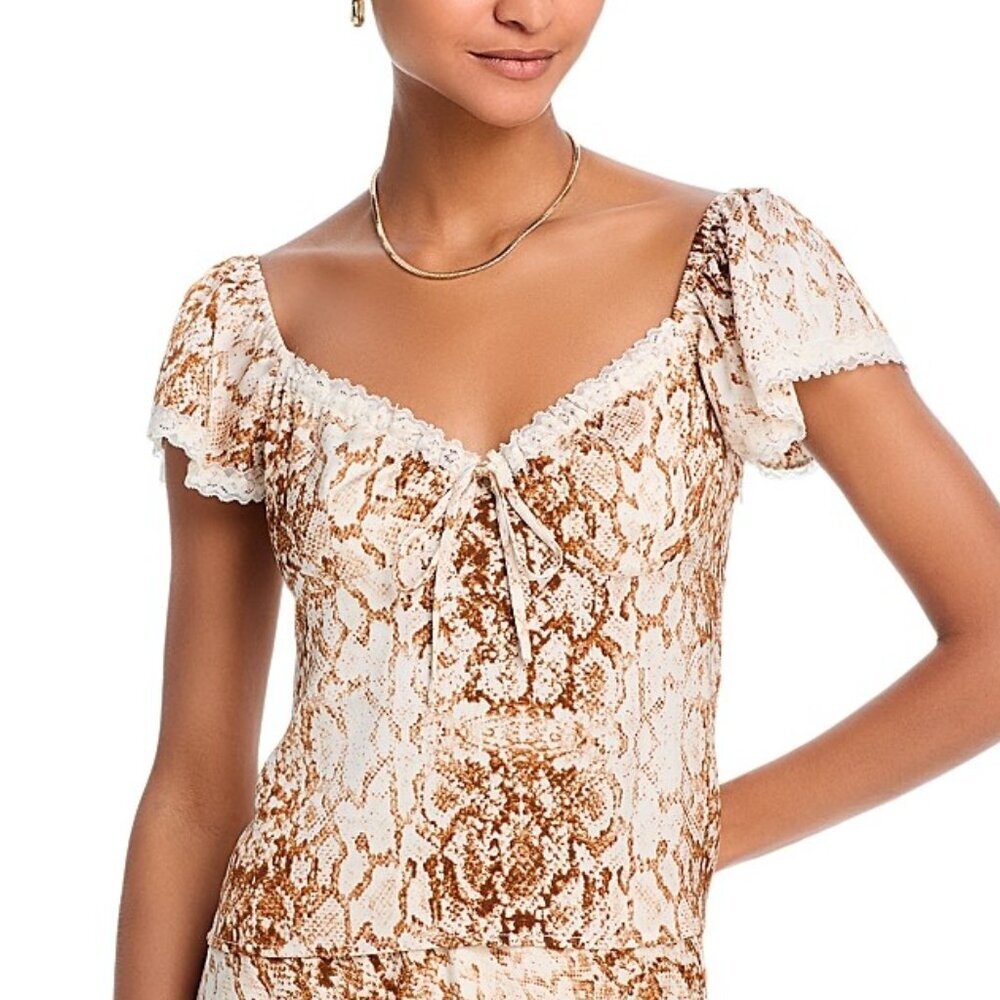 WAYF “Melissa” Lace-Trim Top | Sweetheart Tie • Flutter Sleeve • Lined | NWT M - Picture 2 of 7